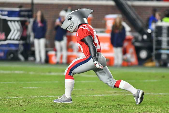 Nov 22, 2018; Oxford, MS, USA; Mississippi Rebels mascot Tony the Landshark walks on the field before the game against the Mississippi State Bulldogs at Vaught-Hemingway Stadium. Mandatory Credit: Matt Bush-USA TODAY Sports